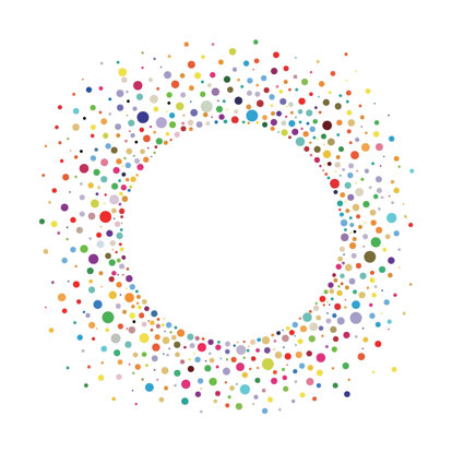 A circle made of colourful dots, empty in the middle with the dots spreading out to become more sparse towards the edge