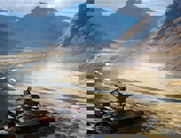 A view over a valley with a temple in the foreground