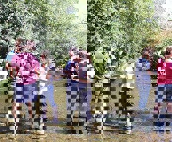 A group of teachers are standing in a shallow river, looking at clipboards