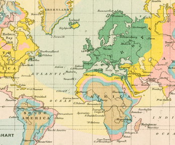 Antique isochronic map (1881) showing travel times from London worldwide in color-coded day ranges.
