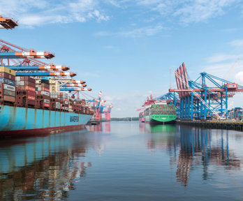Ships with shipping containers, shown in port