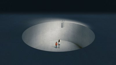 Two people stuck in dark hole in piece on conceptual art.